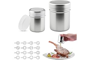 Foydream 2 Pezzi Spargi Zucchero a Velo in Acciaio Inossidabile con Coperchio Include 16 Stencil per Decorare Caffè Cappuccino Per Cacao, Matcha, Spezie Ideale per Pasticceria e Casa