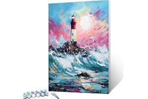 Tucocoo Lighthouse Paint by Number for Adults Beginner, DIY Digital Oil Painting Kits on Canvas with Brushes and Acrylic Pigment, Seascape Water Splashes Scenery for Home Decor 16x20 inch (Frameless)