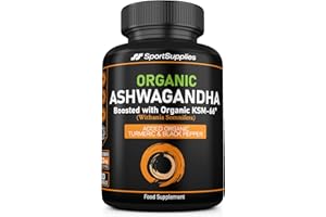 SS SPORT SUPPLIES Organic Ashwagandha Capsules 1200mg - Boosted with 1000mg of Organic KSM-66 with 5% Withanolides (from 100mg Extract Ratio 10:1) - Added Turmeric 100mg and Black Pepper - UK Manufactured