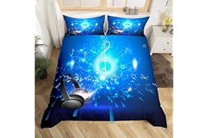 Homemissing Kopfhörer Bettwäsche 135x200cm Abdeckung Musiknoten Bettwäsche Set 3D Stereo Musik Bettbezug für Kinder Jungen Mädchen Rockmusik Themen Mikrofaser Bettwäsche Blau Zimmer Dekor