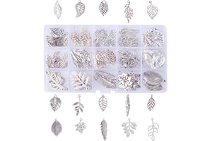 PH PandaHall 150pcs 15 Styles Style tibétain Breloque Feuille Argent, 17x10cm Breloques Boucles D'oreilles Plume Pendentif pour Bracelet Collier Boucle d'oreille Création de Bijoux, Argent antique