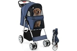 Maxmass Travel Pet Stroller, Foldable Small Medium Sized Dog Cat Trolley with Storage Basket, Safety Belt and Cup Holder, 4 Wheels Puppy Pushchair (Blue)