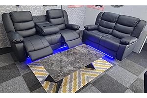 GENERIC Madrid Leather Electric Recliner Sofa With Cupholders - Leather Sofa - 3+2 Seater - USB Charging Ports - LED Lights (Black, 3+2 Seater)