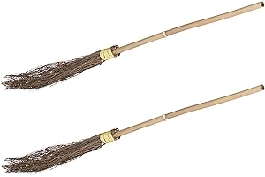 Relaxdays Witch Broom Set of 2 with Handle, 97 cm Long, Adult Costume Accessory, Halloween, Bamboo, Magic Broom Natural