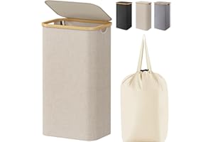 Lifewit 100L Wäschekorb mit Deckel, Wäschekörbe für Wäsche mit Bambus Griffe und Eine Abnehmbare Wäschesack, Große Faltbare Wäschekorb für Schlafzimmer, Bad, Schlafsaal, Waschküche, Beige