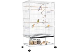 LIFERUN 132cm Large Bird Cage, Budgie Cage with 360° Braked Wheels, Indoor Parrot Cage with 4 Feeding Bowls, Bird Aviary with Toys, Wooden Perches & Storage Shelf for Cockatiel Sun Conure