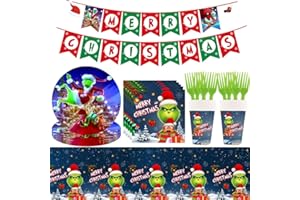 IFHDO Natale Feste Stoviglie, 52 Pezzi Grinch Stoviglie Forniture Natale Tavola Stoviglie Forniture Bambini Compleanno Decorazioni Banner Tovaglia Piatti per Natale Feste Decorazionis