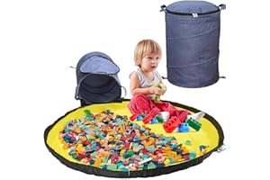 Exquilnova Aufbewahrungstasche für Spielzeug, Bausteine Aufbewahrung Tasche mit Spielmatte und Deckel Aufbewahrungsbox mit Spielteppich, Aufbewahrungskorb für Kinderzimmer, Kinder Geschenk (Blau)