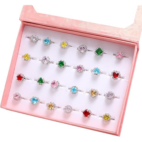 PinkSheep Jewelry Rings for Little Girls, 30 Rings Jewelry in a Box, Adjustable, No Duplication, Play and Dress Up Girls