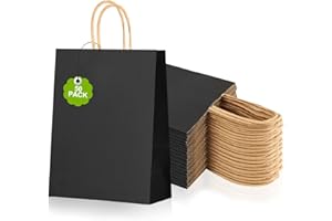 50PCS Sacs en Papier Kraft avec Poignées 15x8x21cm, ELEPRUC 130g/m² Sacs Cadeaux, Petits Sacs de Fête, Noir Pochette Papier, Pochette Cadeau, Cabas pour Pâtisserie Shopping et les Fêtes de Fin d'année