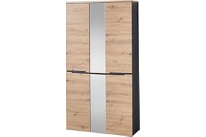 Stella Trading, Memphis - Armario con Espejo, Roble Artisan, Grafito, Armario de Pasillo con Mucho Espacio, 105 x 192 x 38 cm (Ancho x Alto x Profundidad)