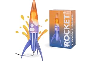 FISURA - Lámpara de lava azul y naranja“rocket”. Base metalizada y botella naranja degradada. Lámpara de lava retro con bombilla de repuesto. 20 cm x 20 cm x 45 cm.