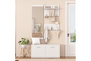 ModernLuxe Garderoben-Set 4-teilig,Flur Garderoben Set mit Spiegel, 2 Wandgarderoben, Schuhschrank 90×30×41,5 cm – Kompaktgarderobe mit Hutablage,Wandgarderobe & Schuhablage Weiß