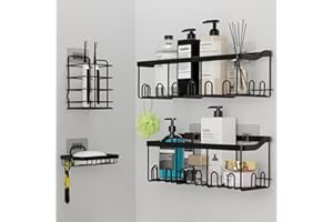 PRIME FEEL Shower Caddy no Drill, 4-Pack Stainless Steel Shower Shelf Organiser, Bathroom Accessory Set Including 2 x Bathroom Shelves, 1 x Toothbrush Holder, 1 x Soap Holder, 4 x Adhesive Pads, Black