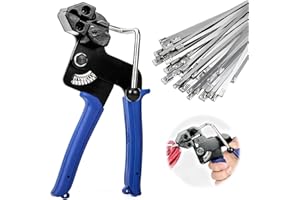 LQGTQO 100 sztuk opasek kablowych ze stali nierdzewnej i pistoletu do bindowania metalu, szczypce do opasek kablowych, 4,6 x 300 mm, metalowe opaski kablowe, narzędzie do zaciskania, cięte opaski kablowe