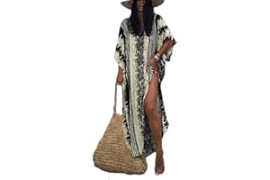Bsubseach Robe de Plage Caftan Femme Grande Taille Kaftan Maxi Longue Tunique Bohème Boho à Manches Courtes Djellaba Eté Boubou Kimono Pareo
