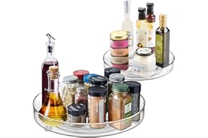 QIZENME Lazy Susan Turntable Cupboard Organiser, 2 Pcs Rotating Spice Rack Clear Cosmetic Makeup Organiser Spinning Kitchen Organiser for Cabinet, Pantry, Fridge, Countertop 23CM+27CM
