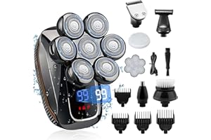 RUSHMORE ROSE USA Rasoio Elettrico Barba, Regolabarba Uomo 6 in 1 Rasoio Testa Calva, Rasoio Elettrico Corpo Uomo con 7 Testine Rotanti, Taglia Peli Naso IPX7 Impermeabile, per Capelli Barba Naso Orecchie e Viso Pulito