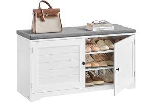 VASAGLE Banco Zapatero de 3 Niveles, con Puertas y Cojín, Estantes Ajustables, 35,5 x 101 x 52,5 cm, para Entrada, Dormitorio, Blanco Nube y Gris Paloma LSB044W01