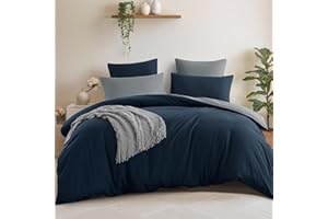 Aisbo Dwustronna poszwa na kołdrę 200 x 200 z 2 poszewkami na poduszki 65 x 65 cm (ciemnoniebieski/szary) - zestaw pościeli 200 x 200 dla dorosłych 2 osób z mikrofibry, komplet pościeli z zamkami