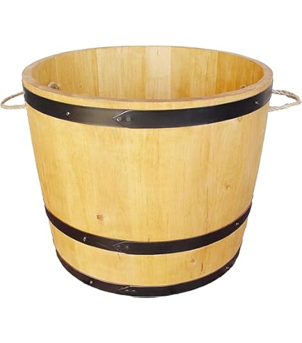 Temesso houten vat, gebruikt wijnvat gehalveerd uit eikenhouten vat als minivijver, vijver D 70cm H 40cm 100 liter (met draagriemen en wielen