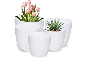 PECZEKO Lot de 5 Pots Brillants pour Fleurs et Plantes 12/13/15/18/21 cm, en Plastique pour Grandes et Petites Plantes, Pot à Herbes, Blanc