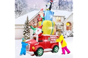 YCOLNAEFLLR Świąteczna nadmuchiwana dekoracja samochodu: Boże Narodzenie nadmuchiwany Święty Mikołaj niosący jelenie, pingwiny, elfy i torby na prezenty, wbudowane światła LED Boże Narodzenie nadmuchiwana