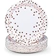 MATICAN Party Paper Plates, 50-Pack Disposable White and Rose Gold Plates, Foil Polka Dots, 9-Inch