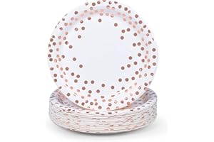 MATICAN Lot de 50 assiettes jetables en carton blanc et or rose, à pois en aluminium, 22,9 cm