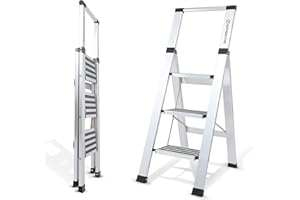 EPROSMIN Step Ladder 3 Step Stool with Integrated Handrail, Aluminum Ladders with Anti-Slip Wide 3 Tread, Folding Steps Anti-Slip 150kgs Capacity Safety Household Ladder (Silver)