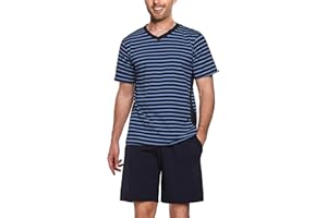 Bresdk Pigiama Estivo Uomo Corto Pigiami Due Pezzi Manica Corta Cotone Morbido Camicia a Righe con Scollo a V e Pantaloncini