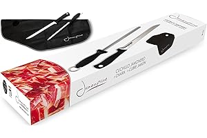 JAMONPRIVE Couteau à Jambon avec Fusil et Couvre Jambon - Set Idéal pour Découper le Jambon Serrano et Ibérique