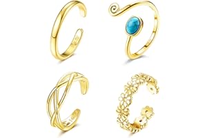 Diamday 4 Stücke 14K Gold gefüllten Damen Verstellbar Silberne offene Zehenringe Türkis Keltischer Knoten Blumen Dünne Band Ringe Sommer Strand Fußschmuck Set