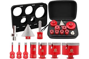 FOCSTOL Foret Diamant Carrelage Kit - 10 pièces (6/6/8/25/35/50/68mm+10mm Fraise+50mm Mèches Chanfrein Biseautées+Adaptateur) Scie Cloche Diamantée pour Porcelaine Carrelage Marbre Granit
