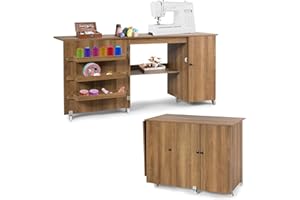 ‎COSTWAY COSTWAY 2 in 1 Nähtisch Nähschrank klappbar, Nähmaschinentisch mit Arbeitsplatte, Ablagen & Türschrank, Mobiler Schreibtisch mit abschließbaren Rollen, Basteltisch Nähmöbel, 158x50x75cm (Natur)