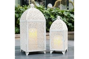 TRIROCKS Set di 2 lanterne decorative vintage con candela portacandele in metallo alto 42 cm lanterne sospese con motivo cavo per soggiorno feste in giardino eventi (bianco con spazzola dorata)