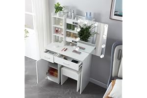Saimeihome Vanity Desk with Sliding Mirror and Adjustable Lights, Makeup Vanity with Drawers and Chair, White Dressing Table for Girls