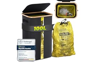 MidingChai 100L Gelber Sack Ständer Stabil, Mülleimer, Ständer Gelber Sack mit Transparentem Fenster, Müllsackhalter für Gelbe Säcke, Mülltütenhalter mit Deckel, Küche, Groß, Schwarz