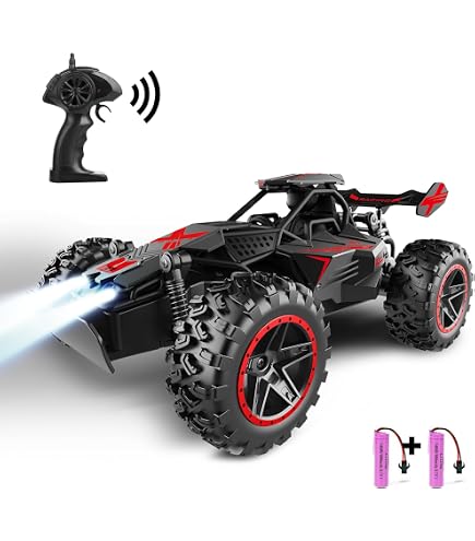 Voiture Télécommandée Tout Terrain 1:18 BuzzoXerex - Buggy RC 2.4GHz Avec Lumières LED Et Fonction Pulvérisation, 2WD 15KM/H, Cadeau Parfait Pour Enfants Dès 6 Ans (Rouge)
