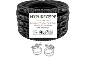 MYPURECORE YOU AT THE CORE Corrugated Flexible Hose Pond Pipe 1.25" /32mm – 2-Meter with Advanced Double-Wired Hose Clips for Pond Pumps, Filters, Drainage – Corrugated Water Butt Connector Pipe - Black. Set by MYPURECORE