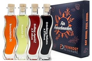 FD FEINKOST DISCOUNT Geschenkbox Präsentbox | Männer und Frauen | 2 x 100 ml Öl & 2 x 100 ml Essig | Erdbeer Essig 3% Säure - Cranberry Essig 3% Säure - Rucola Öl - Bruschetta Öl, Geschenkkorb | Feinkost Set …