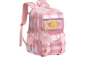 KEBEIXUAN Rucksack Mädchen, Schultasche Mädchen 1.-5. Klasse, Atmungsaktiv Schulrucksack mit Pom-Pom-Anhänger und Brustgurt