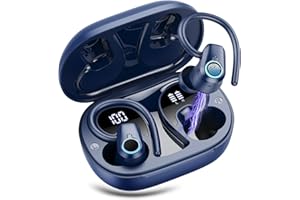 POOUNUR Wireless Earbuds, 2023 Wireless Earphones Bluetooth 5.3 Headphones Wireless, Ear Buds Wireless Earbuds with Earhooks, IP7 Waterproof 50H Stereo Wireless Headphones Sport, Dual LED Display, Deep Blue