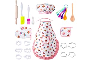 LIHAO Accessoire Ustensiles Cuisine Enfant, 20pcs Kit Cuisine Jeu Enfant Pâtisserie Emporte Pièce avec Tablier Chapeau pour Fête Anniversaire Halloween Noël Fille