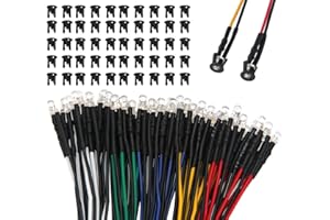 Lyeteung 50 PCS 3mm 12V Prewired LED Diodes Light, White Red Yellow Blue Green, 20cm Prewired LED Light Emitting Diode + 50 PCS 3mm Plastic LED Holder