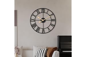 ACCSHINE Grande Orologio da Parete Rotondo 60CM Orologio Parete in Stile Vintage in Metallo Silenzioso Orologio Moderno con Numeri Romani Soggiorno Arredamento Camera da Letto(Nero e Oro)