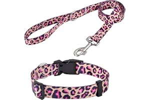 Mihqy Set Collare e Guinzaglio per Cani, Regolabile Collari per Cani, per Cuccioli di Taglia Piccola Media Grande, Bohémien, Floreale, Geometrico, Tribale Disegno(Set Rosa Leopardo,XS)
