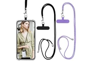 Vauki 2 Piezas Cordón para Teléfono Cadena Universal con Parche, Colgar Teléfono con Correa Móvil en Cuello Ajustable Cuerda para la Mayoría de los Smartphone para iPhone Samsung Redmi, Negro+Morado