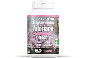BIO ATLANTIC Valériane Bio AB 400mg - 200 Comprimés, Ingrédients pour 3 comprimés : Extrait sec de valériane racine bio : 1200 mg, talc