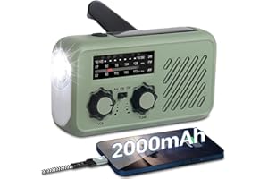 FLITI Radio Portatil Pequeña, Radio Portatil, FM/Am Emergency con Solar Recargable y Dinamo con Manivela con Linterna LED 2000mAh Powerbank SOS Alarma USB para Camping al Aire Libre (Verde)